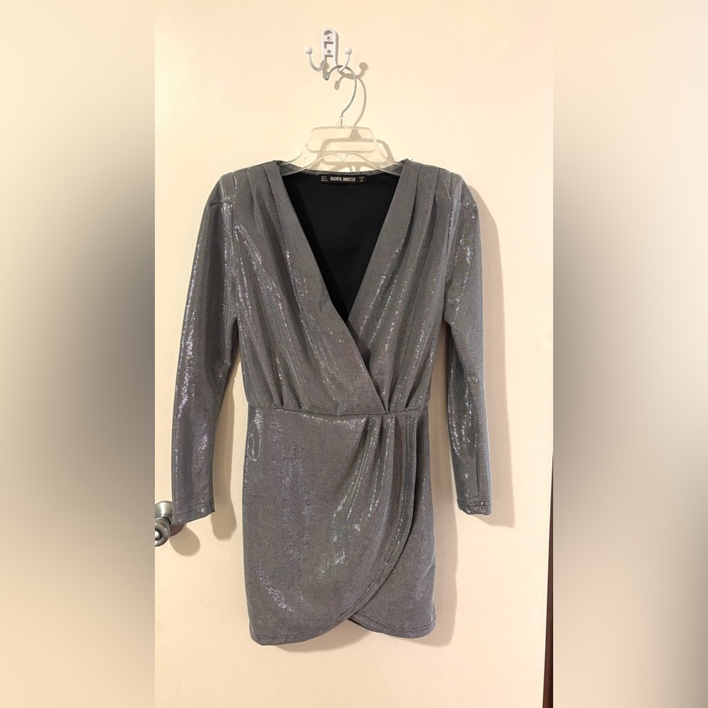 Silver Metallic Ruched Wrap Dress